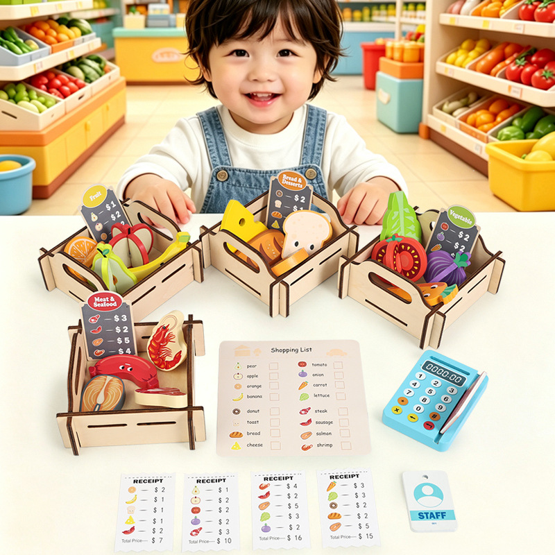 Toy Cash Register - Set Permainan Pura-Pura Supermarket Kayu, Mainan